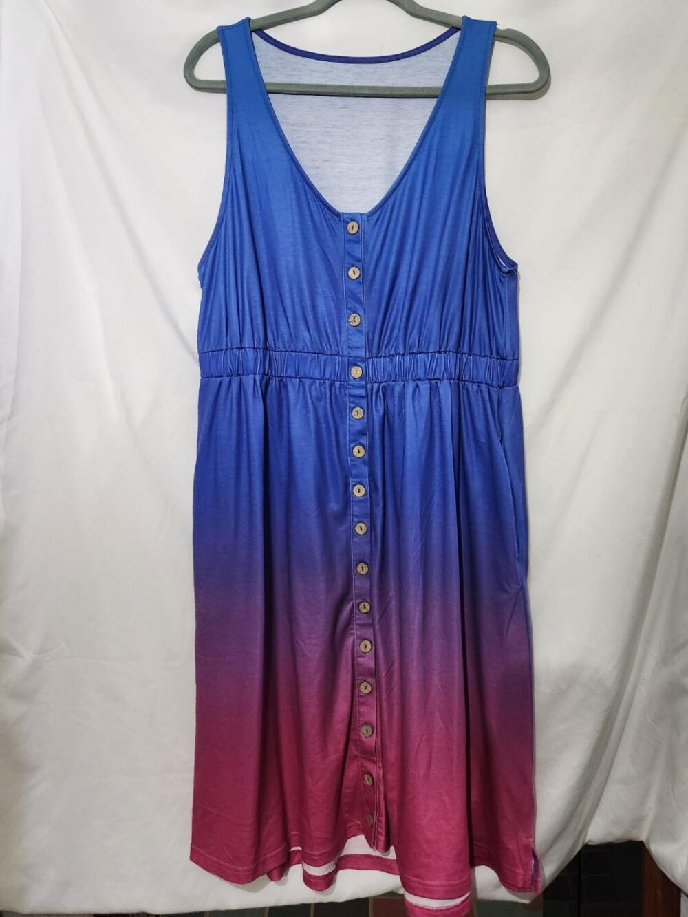 Blue Pink Ombre Sleeveless Midi Dress XL Elastic Waist Summer Sundress